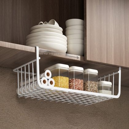 Metal Iron Kitchen Organizer Shelf Cabinet Hanging Basket Rack, White